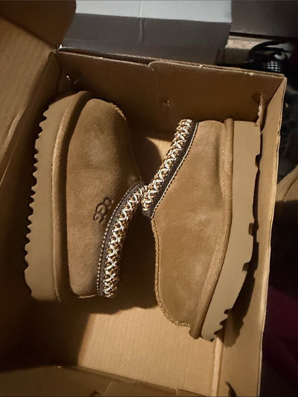 UGG Chestnut Suede Short Boot with Braided Trim